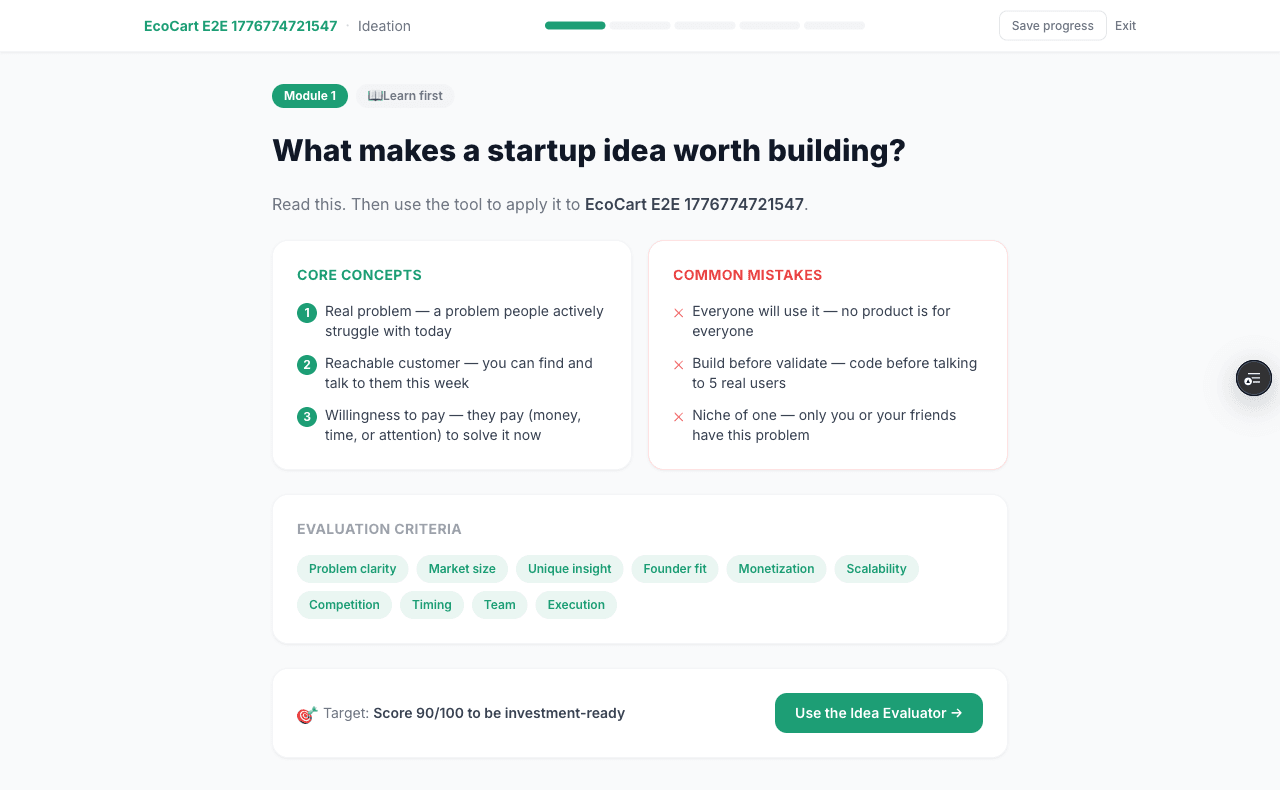StartupToGo home — students create their startup project and follow the 5-module journey