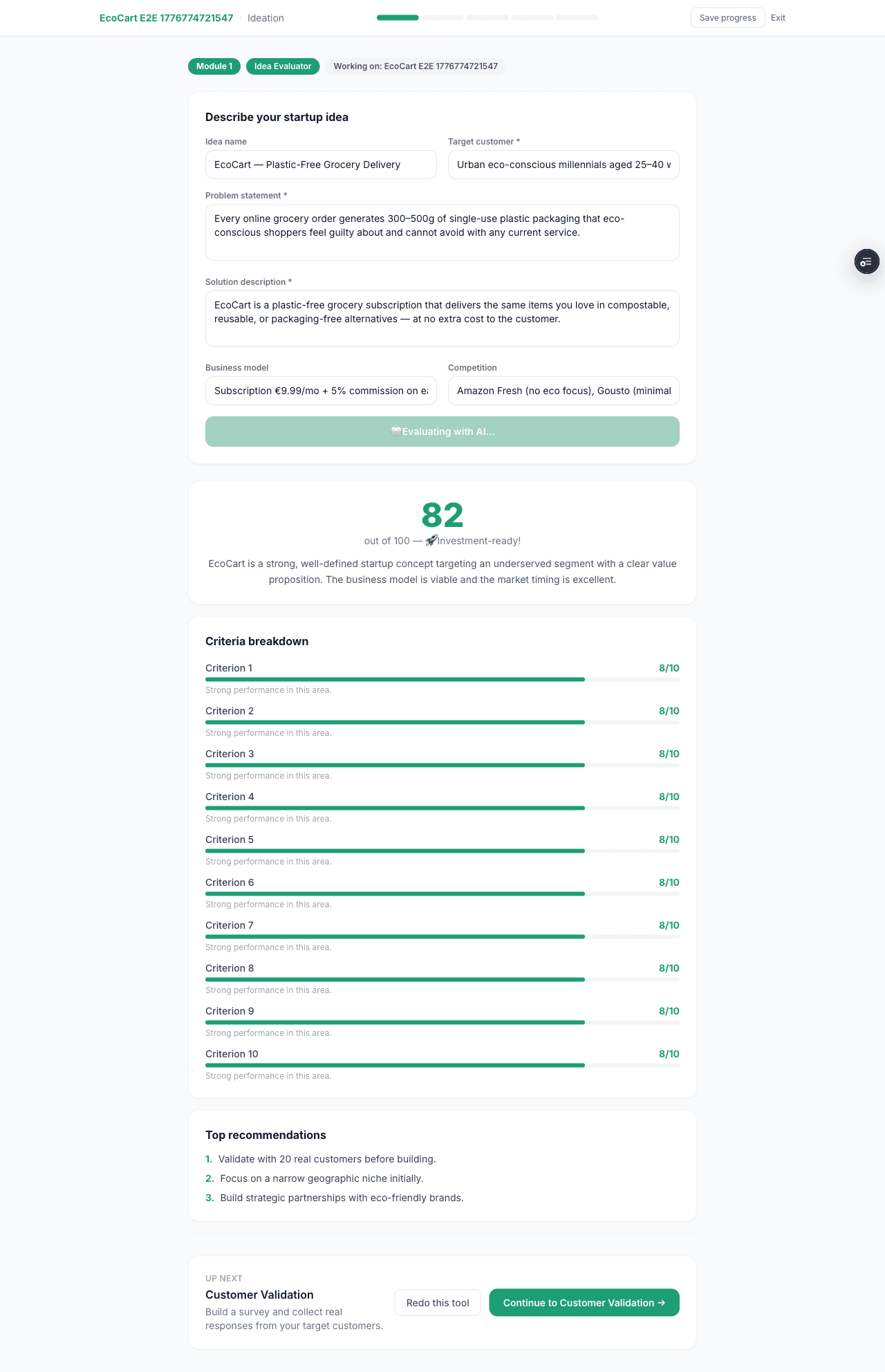 StartupToGo Idea Evaluation — AI scores student startup idea with criteria breakdown