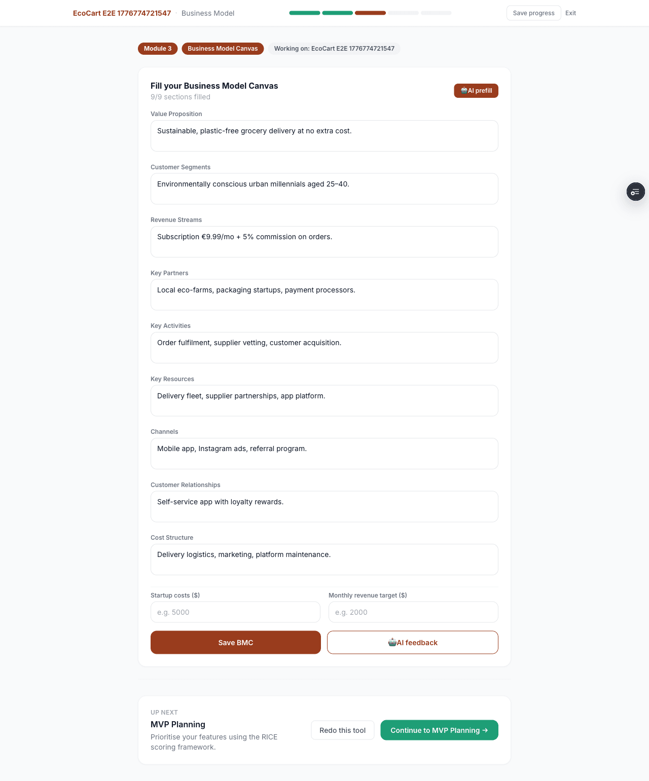 StartupToGo Business Model Canvas — AI prefilled BMC for student startup