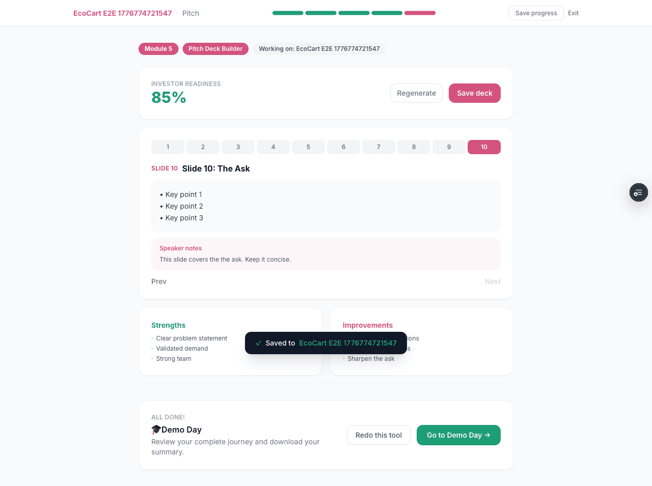 StartupToGo Pitch Deck Builder — AI-generated investor pitch deck with readiness score