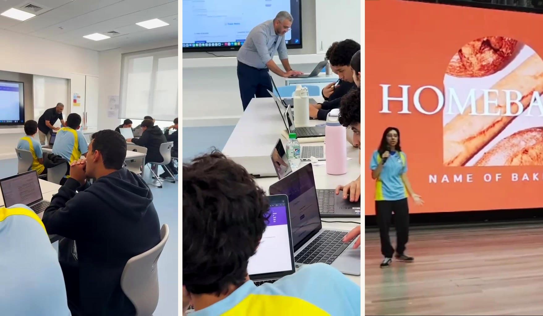 Real StartupToGo cohort at Arab International Academy — students building their startups in class and pitching on the Demo Day stage, April 2026
